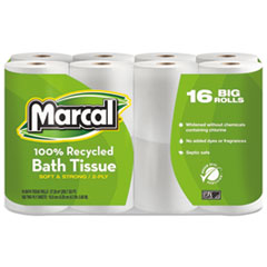 100% Recycled 2-Ply Bath Tissue, Septic Safe, White, 168 Sheets/Roll, 16 Rolls/Pack