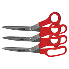 Universal® General Purpose Stainless Steel Scissors, 7.75" Long, 3" Cut Length, Offset Red Handle, 3/Pack