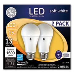 GE 100W LED Bulbs, A19, 15 W, Soft White, 2/Pack