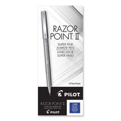 Pilot® Razor Point II Super Fine Line Porous Point Pen, Stick, Ultra-Fine 0.2 mm, Blue Ink, Blue Barrel, Dozen